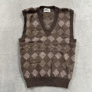 Vtg Christian Dior Sweater Vest Mens L Brown 100% Wool Argyle V-Neck Monogram